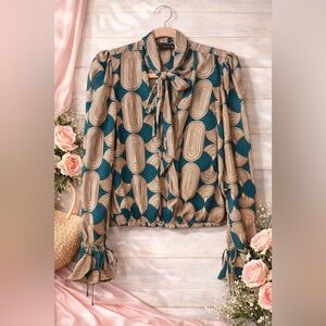 Teal and Tan Geometric Tie-Neck Blouse - Women